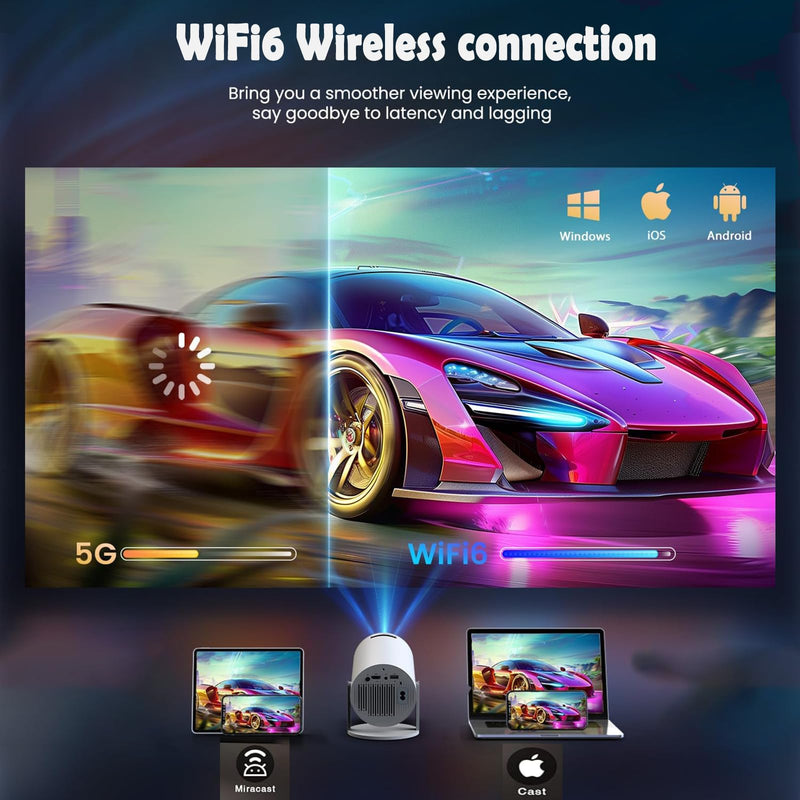 HY300 Projector with WIFI6 and Bluetooth, 4K 1080P Support with Android TV 11.0, Mini Portable Projector 180° Rotatable Movie Projector ,Auto Keystone Compatible for Laptop, PC, Smartphone White