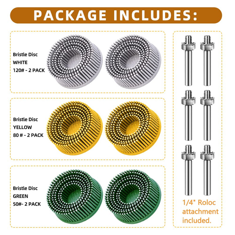 6 Pack 2 Inch Bristle Disc Grit 50# 80# 120# with 1/4" Shank Attachment Abrasive Coating Removal Disc for Metal (6, 2 inch) 6