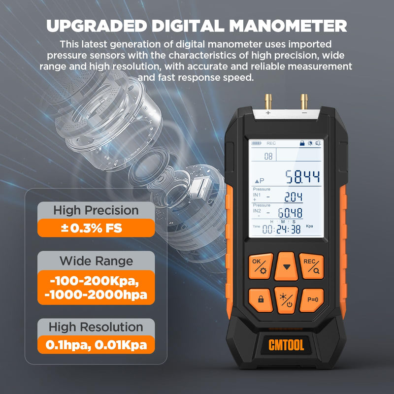 Manometer Gas Pressure Tester, Digital Manometer, -100-200Kpa, 10 Units Differential Pressure Gauge, Max/Min/Data Storage, 2-Port Tester for HVAC/Automotive Brake/Industrial/Lab Calibration (Regular) Regular