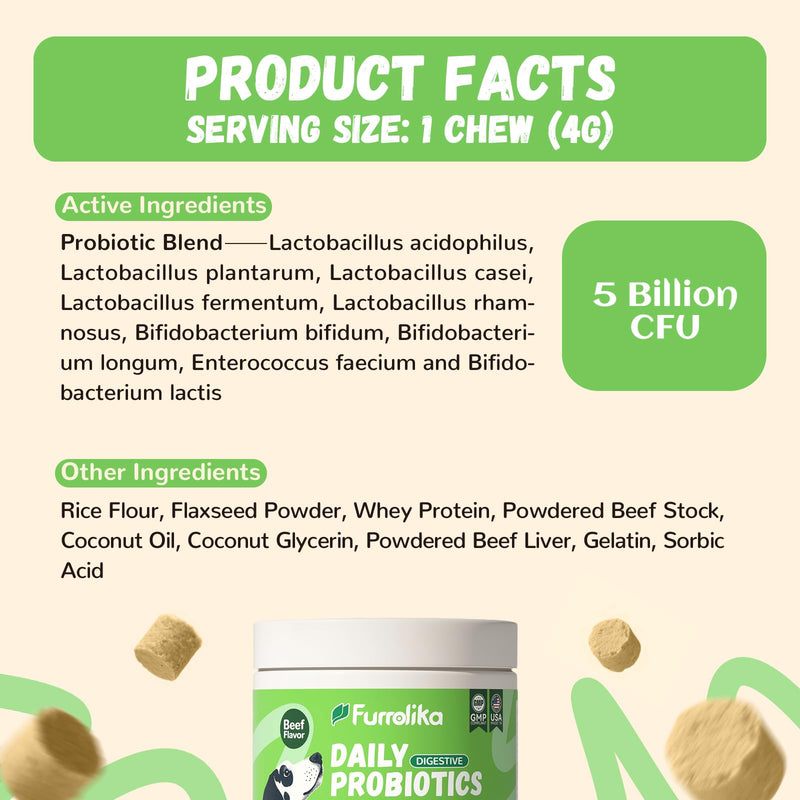 Furrolika 60 Count Probiotics Soft Chews – Made in The USA –Supplements for Gut Health, Digestive Support, Immune Support & Diarrhea Relief – Beef Flavor Dog Probiotic