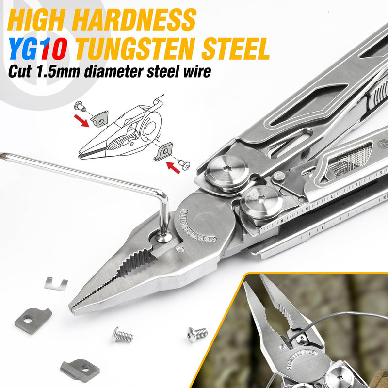BIBURY Multitool Pliers, Stainless Steel Multi Tool Pliers with Replaceable Wire Cutters and Saw, Foldable Multitools with Scissors and Screwdriver, Ideal for Camping, Hiking, Survival, Repair Silver