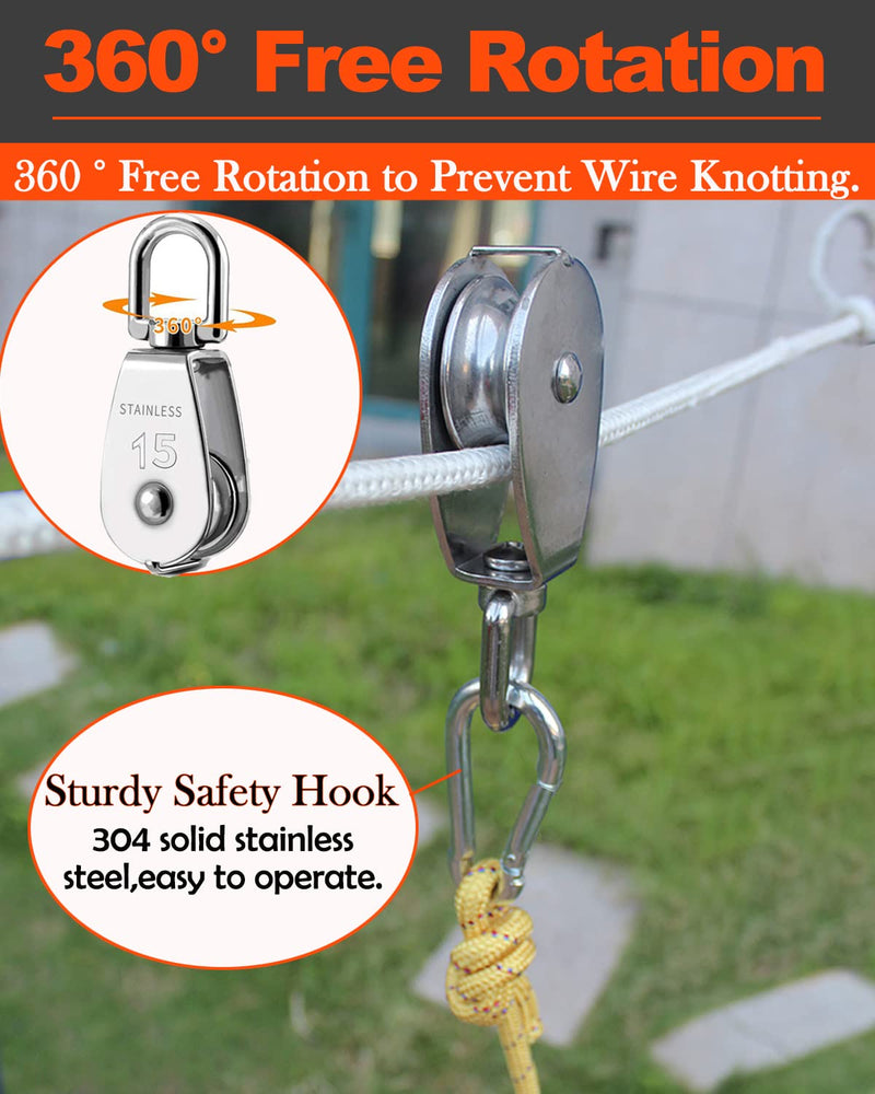 5 Pcs M15 Single Pulley Block, 304 Stainless Steel Lifting Crane Pulley, Wire Rope Hanging Pulley Wheel, with 5 Pcs Spring Snap Hook 5*M15 Pulley/Hook