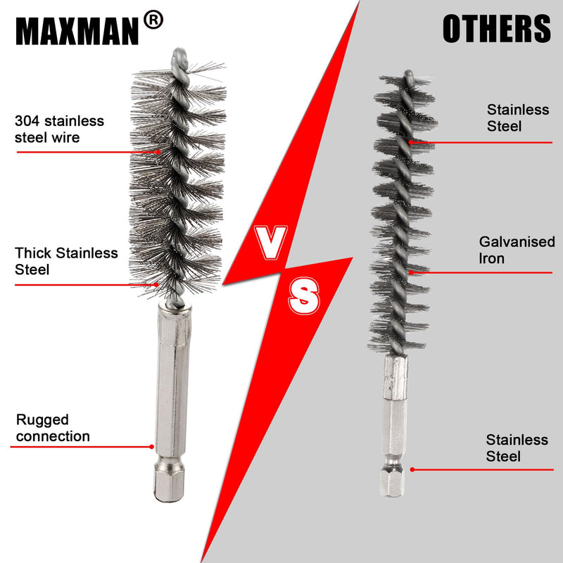 MAXMAN Wire Brush for Drill, 12pcs Stainless Steel Bore Brush with 1/4” Hex Shank, Durable Metal Bristles Twisted, 12 Size for Metal, Pipes, Tubes Cleaning, Rust & Paint Removal, Fits Power Drill Stainless Steel-12 Piece