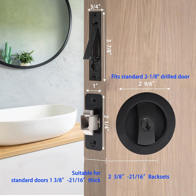 Dontay Pocket Door Lock with Key, Contemporary Entrance Sliding Barn Door Lock Latch, Recessed 2 Sided, 2 3/8" Backset, Flush Handles Hardware (Including Edge Pull, Brushed Nickel, Round - 1 Pack) Including Edge Pull