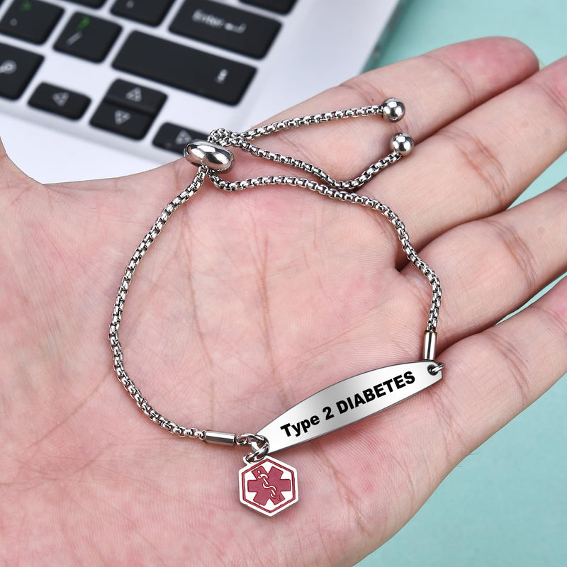 Medical Alert Bracelets for Women,Medical Id Bracelets with Free Laser Engraving,Stainless Steel Adjustable Wristband Bracelets Dual-Side Engraving Type 2 DIABETES