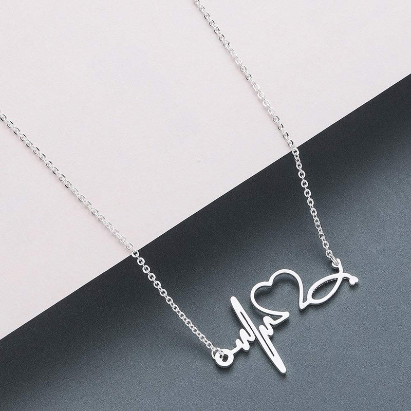 Eiffy Stainless Steel Stethoscope ECG Heartbeat Choker Necklace for Women Love Heart Hypoallergenic Necklaces Pendants Medical Nurse Doctor Gifts Silver