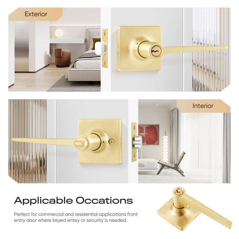 Leydebong 2 Pack Keyed Entry Lever Lock, Square Sleek Door Handle with Keys Gold Entry Lever for Office & Exterior Door Keyed Alike Door Handle Satin Brass