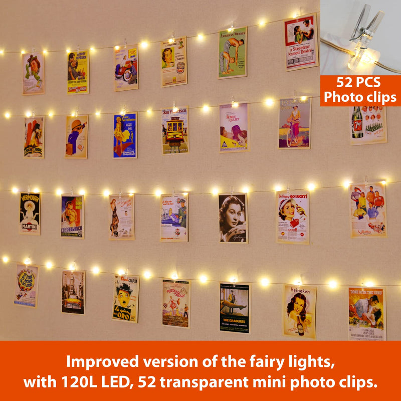 HXWEIYE 120LEDs Photo String Light, Warm White 40Ft Fairy Light with 52 Clear Clips & 12 Hooks on Wall, Timer & 8 Modes USB Powered Copper Wire Light for Hanging Picture, Bedroom Party 8 Mode USB Powered-120LEDs