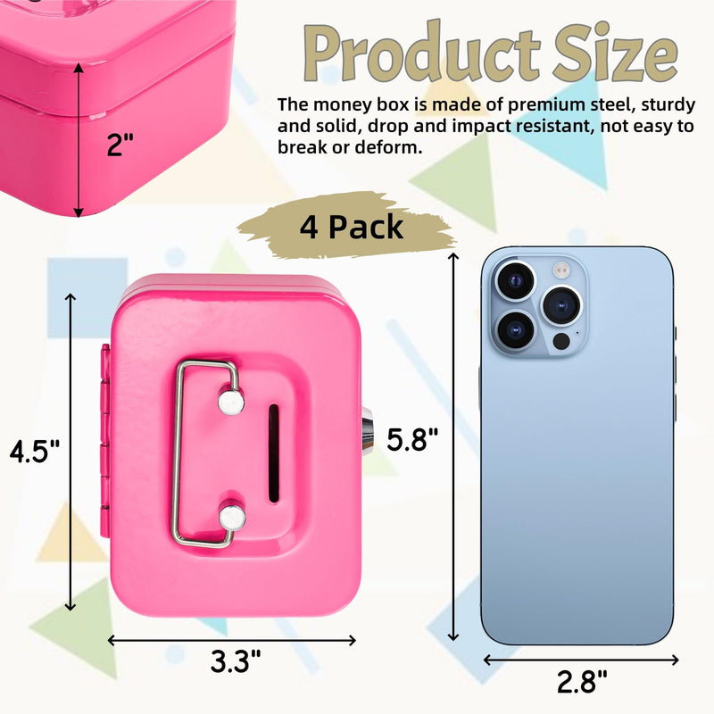 4 Pack Mini Cash Box, Small Metal Money Box with Key Lock, 4.5"L × 3.3"W × 2"H Durable Safe Coin Organizer Bank for Christmas New Year Gift