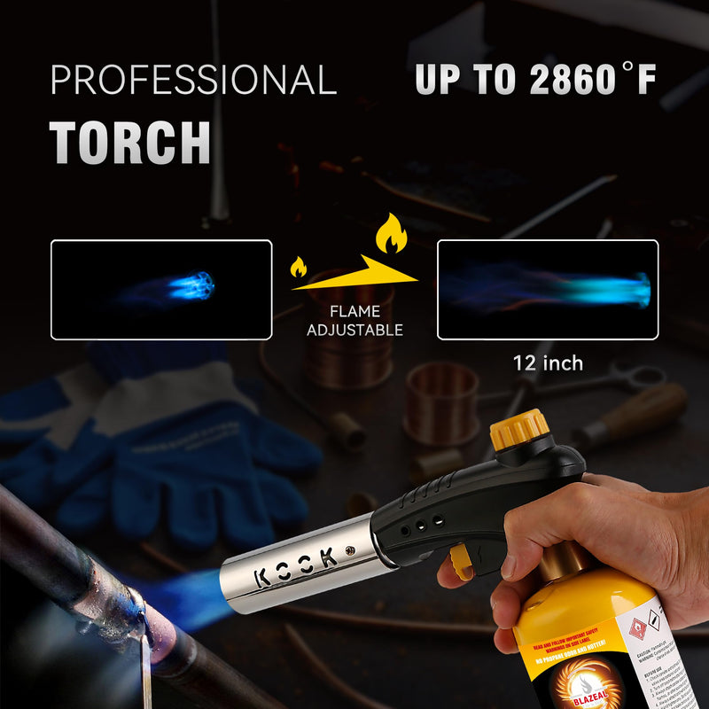 KOOKCOOK Propane Torch Head,Quad-Flame Blow Torch Kit with Propane Tank Base for MAPP MAP Gas,Work in All Angle,Trigger Start Torch Gun Ideal for Welding Brazing Soldering Grill Camping Cooking Food Torch Only