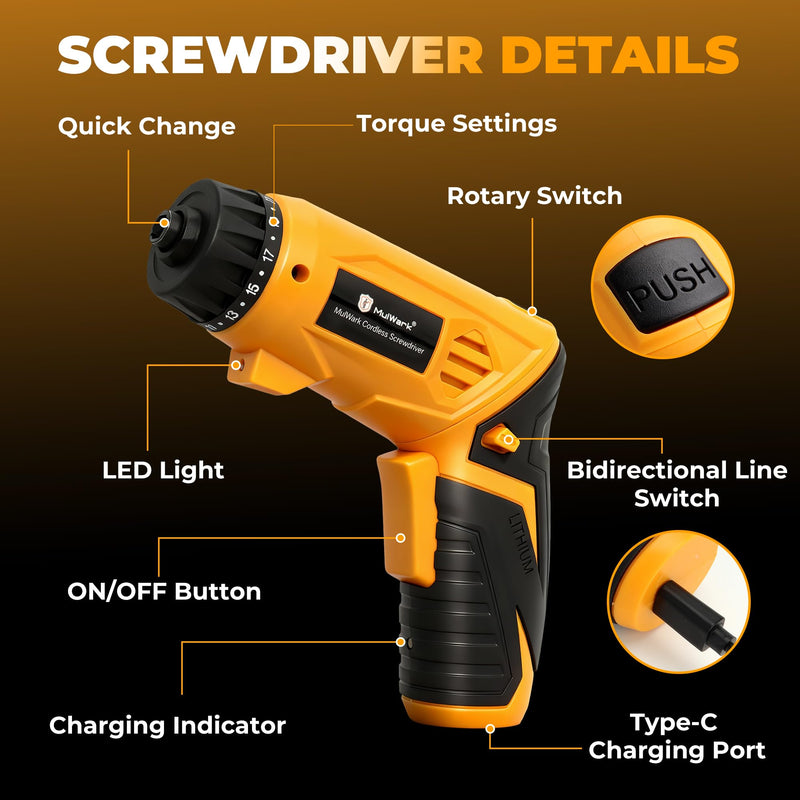 MulWark Electric Screwdriver Set, 4V Cordless Screwdriver with 46 Precision Driver Bit Set in Carrying Case Rechargeable 2-Position Handle, Powered Screwdriver Kit for Home Improvement, DIY Projects Yellow Medium