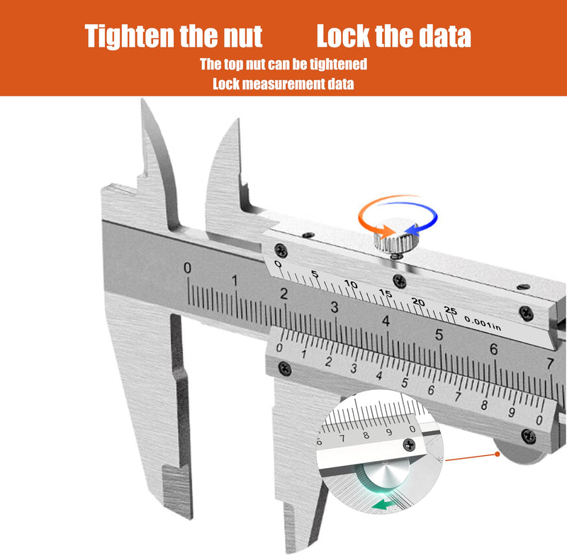 6 inch Vernier Caliper,Stainless Steel Caliper Measuring Tool, 0-6inch/0-150mm Manual Micrometer, 0.001inch/0.02mm,for Inside,Outside,Depth and Step Measurements 6inch