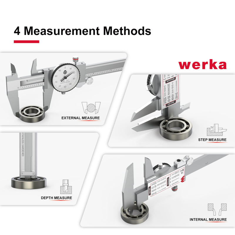 werka Dial Caliper 6 Inch, Shockproof Dial Caliper Measuring Tool with 0.001" Precision Micrometer Caliper with Custom Case, 4-Way Measurement, Stainless Steel 0-6x0.001"