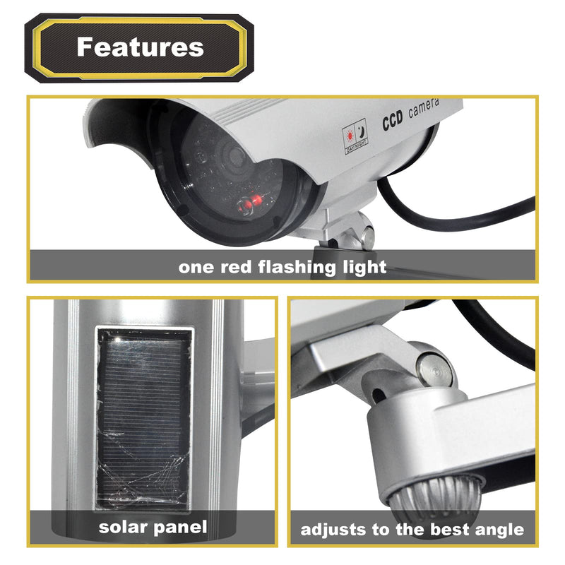 F FINDERS&CO Solar Powered Dummy Security Camera, Bullet Fake Surveillance System with Realistic Red Flashing Lights and Warning Sticker Indoor Outdoor (4, Silver)