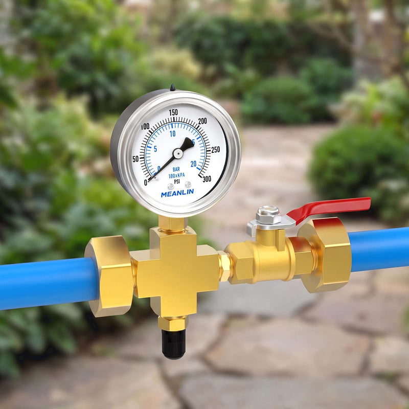 MEANLIN MEASURE 0~300Psi Air Over Water Test Kit, Stainless Steel 1/4" NPT 2" FACE DIAL Pressure Gauge for Leak Detection and Pressure Testing Lower Mount, with 3/4" GHT Brass Fitting and Ball Valve