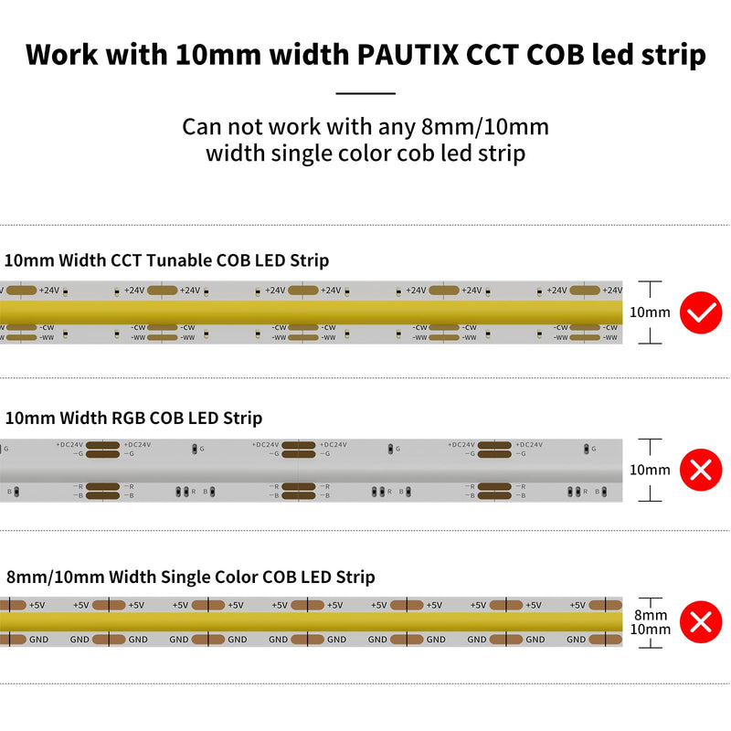 PAUTIX 10mm Connectors for CCT COB LED Strip Light 3 Pin Solderless Terminal Extension Connection Kit,4pcs Dual End Extension Connectors,2pcs Strip to DC Plug Extension Wire,4pcs Gapless Connectors Connector Kit
