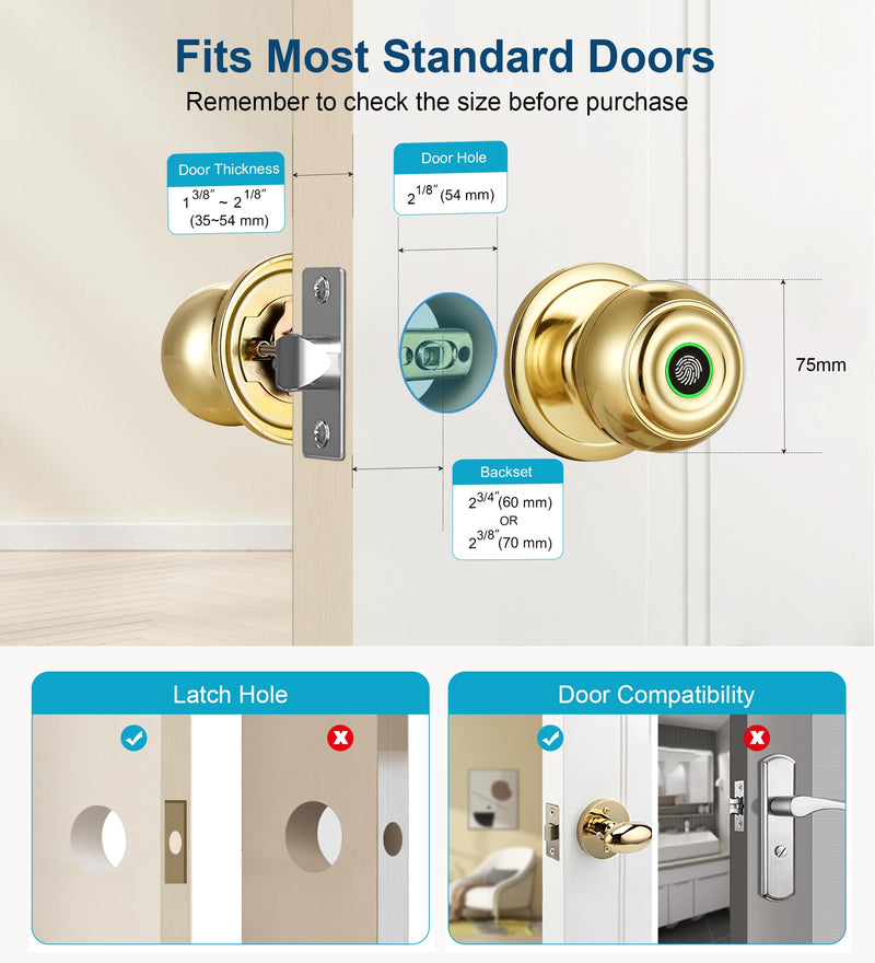 Fingerprint Door Lock, Smart Fingerprint Door Knob with Lock, Biometric Door Lock with App Control & Key, Keyless Thumbprint Entry Door Lock for Bedroom, Front Door, Home, Apartment Office-Satin Brass
