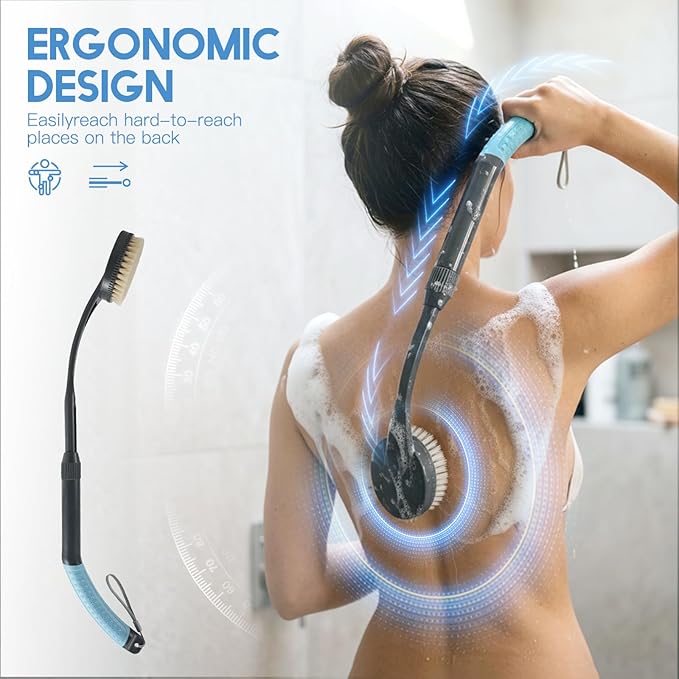 Back Brush Shower, 50.1 Cm Bath Brush With Long Handle, Curved Handle Back Brush For Showering Elderly And Disabled People, Limited Mobility, Optimal Back Care (Blue)