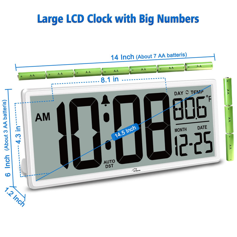 WallarGe 14.5'' Large Digital Wall Clock Battery Operated with Jumbo Numbers, Temperature and Date - Easy to Read and Set, Auto DST White