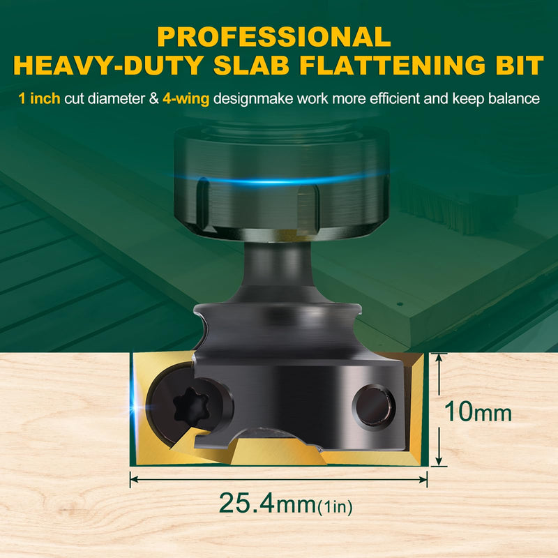 Slab Flattening Router Bit 1/4 inch Shank, 1'' Cutting Diameter | Spoilboard Surfacing Router Bit with Titanium Coated Carbide Insert CNC Router Bits Woodworking Tools 1/4" Shank-1" Cut Dia. (2+2 Inserts) TiN