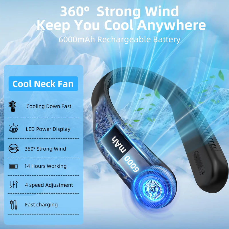 Portable Neck Fan,Hands Free Personal Wearable Bladeless Fan,6000mAh USB Rechargeable,360° Cooling,LED Display,4-Speeds,Birthday Gifts for Men Women Dad Mom,Fathers Day,Mothers Day Gifts (Black) Black