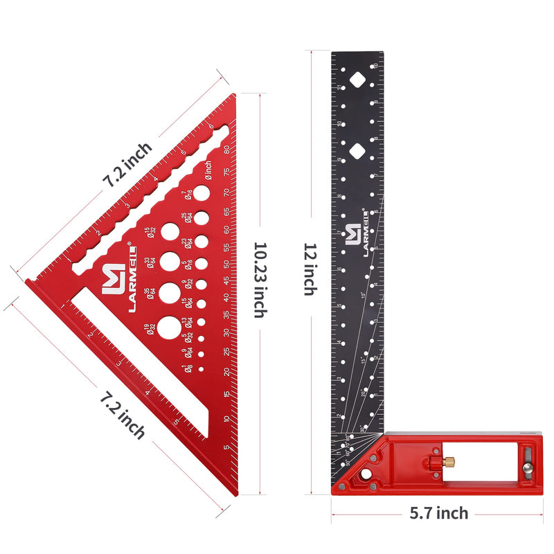 Rafter Square 7 Inch and Framing Square 12 Inch Carpenter Square Set, Square Tool Woodworking Square, Aluminum Square Ruler for Woodworking 2 Pack ruler set red