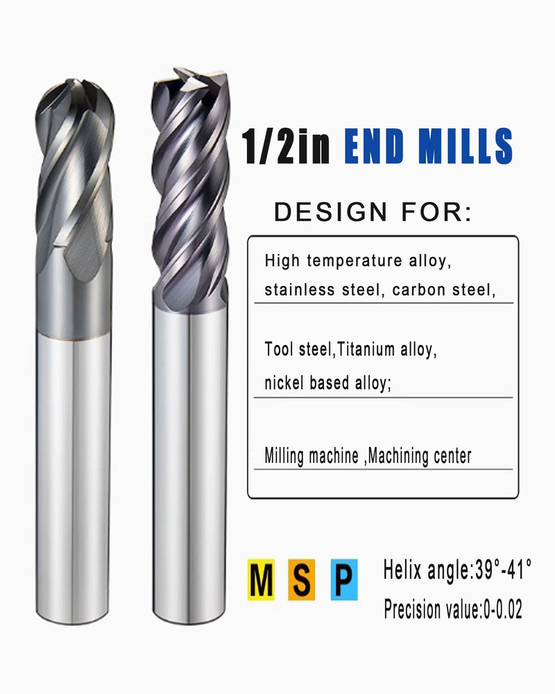2PCS HRC45 Carbide Square and Ball Nose End Mill Bits Set, Tungsten Steel End Mills Bits Cutter, Carbide End Mills for Alloy Steels/Hardened Steels 4 Flutes (2pcs 1/2" Square and Ball nose End mill) 2pcs 1/2" Square and Ball nose End mill