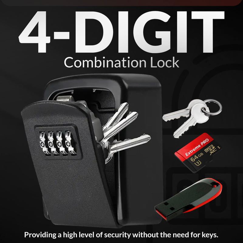 Wall Mount Key Lock Box for Home & Airbnb – Heavy Duty Metal Key Storage Safe with 4-Digit Combination Lock – Secure Key Holder for Rentals, Office & Garage (Black) Black