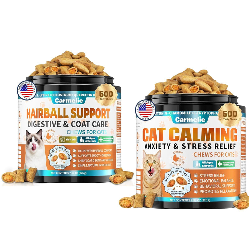 Carmelie Cat Hairball & Calming Chews Bundle, 500 + 500 Crunchy & Creamy Chews – Melatonin, Chamomile & Digestive Fiber Support – Hairball Control & Stress Relief – Chicken & Krill Flavor