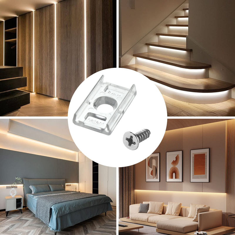 VIPMOON 100pcs Clear LED Strip Light Mounting Clips 8mm Width Holders and 100pcs Compatible Stainless Steel Phillips Screws Mounting Brackets for Waterproof or Non-Waterproof 3528 5050 5630 8mm wide