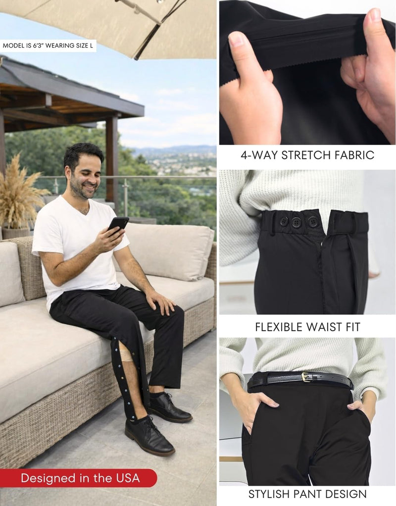 Inspired Comforts Unisex Tearaway Post Surgery Recovery Pants with Side Snaps & Pockets Black Medium