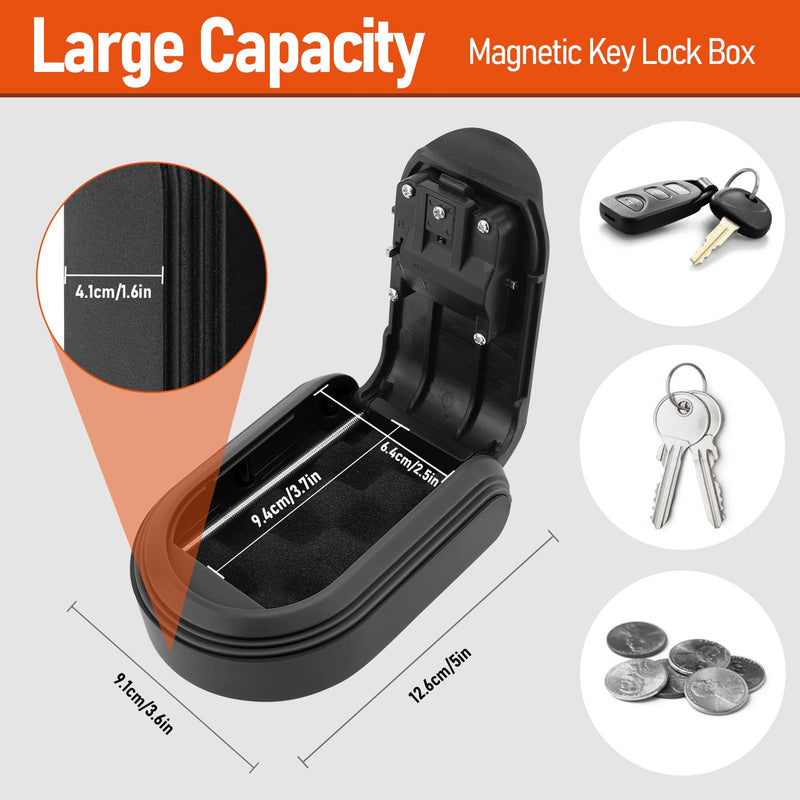 Magnetic Key Lock Box Under Car, 4 Digit Combination Key Holder with Strong Magnet, Wall Mounted Security Lock Box, Key Box Organizer with Bags for Indoor Outdoor Black