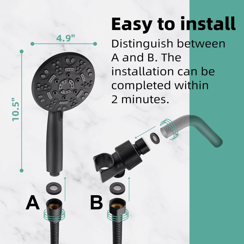 Cobbe 8 Functions Shower Head with handheld, High Pressure Shower Head Set with Hose Adjustable Bracket Rubber Washers (Matte Black) 8 Spray-Settings 1. Matte Black