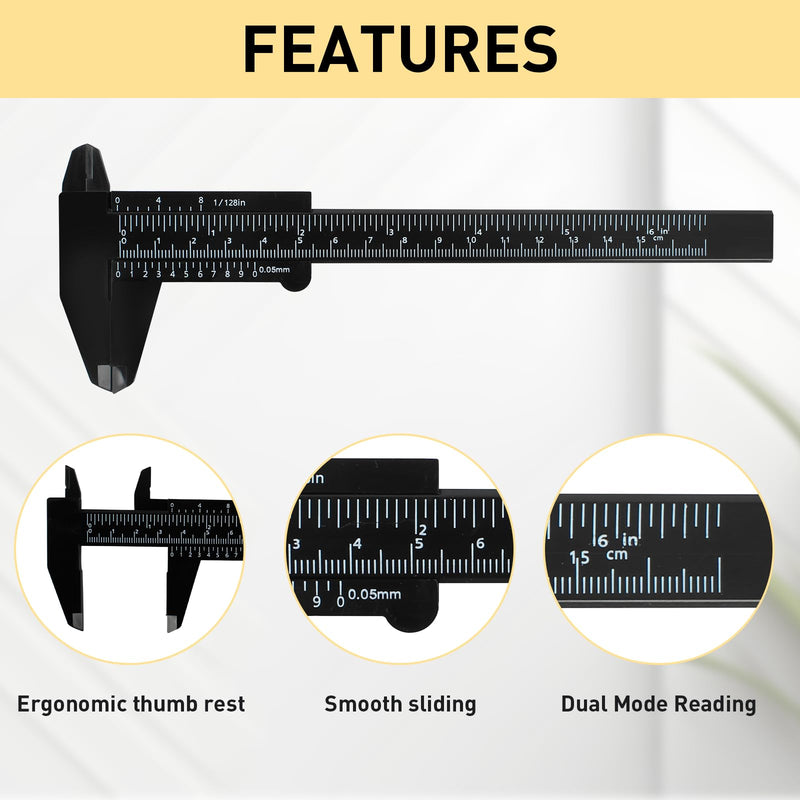 TamBee Plastic Caliper, 150mm Mini Caliper Double Scale Plastic Vernier Caliper for Jewelry Brow Sliding Gauge Ruler Measuring Tool 6Inch 5PCS(Black) Black - NewNest Australia