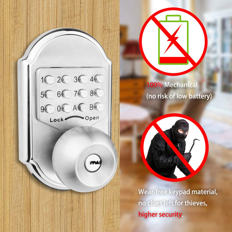 Keyless Entry Keypad Deadbolt Door Lock 304 Stainless Steel 100% Mechanical - No Risk of Low Power