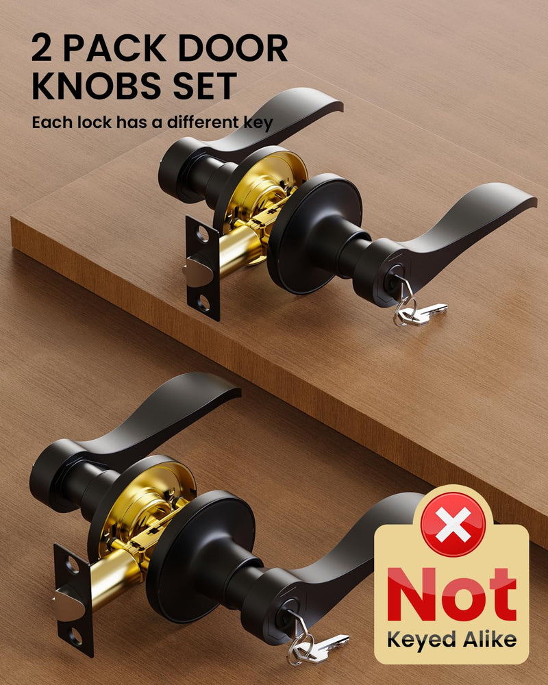 2 Pack Entry Black Door Handle with Lock and Key, Keyed Different Door Levers Interior Exterior Handle Lock, Reversible Front Entrance for Bedroom Wave Style Lever Handles 2 Pack Matte Black