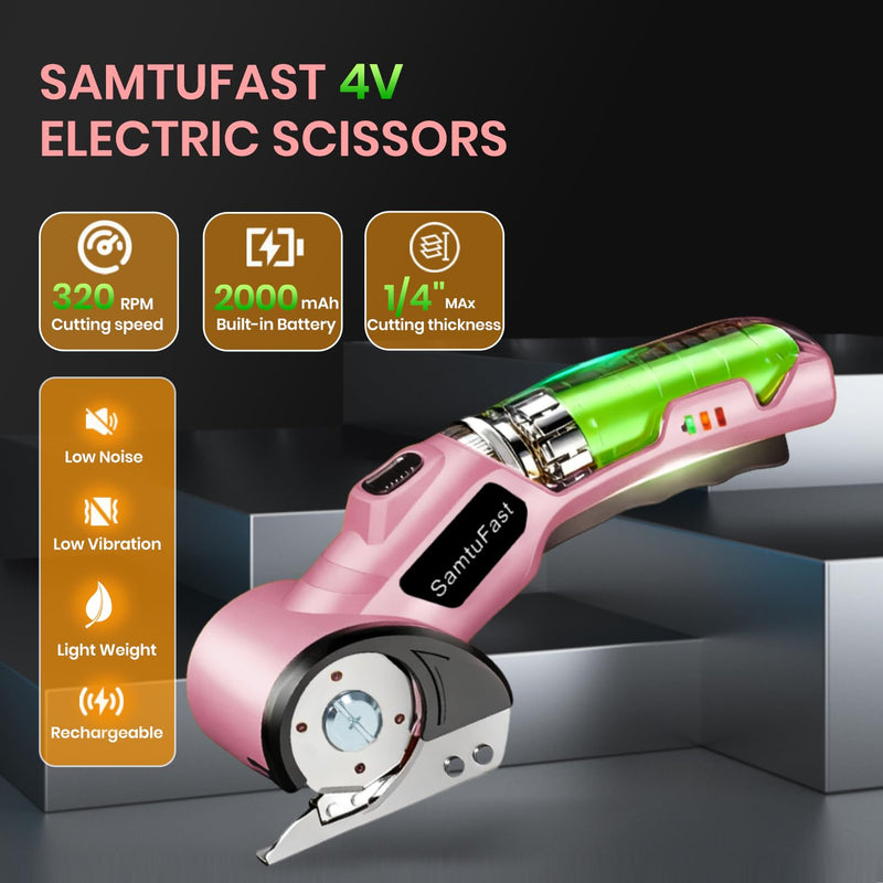 Cordless Electric Scissors, 4V Rechargeable Box Cutter Electric with Storage Box, 2 Blades, USB Charging Cable, Cardboard Cutter Electric for Cardboard Plastic Fabric Leather Carpet (Pink)