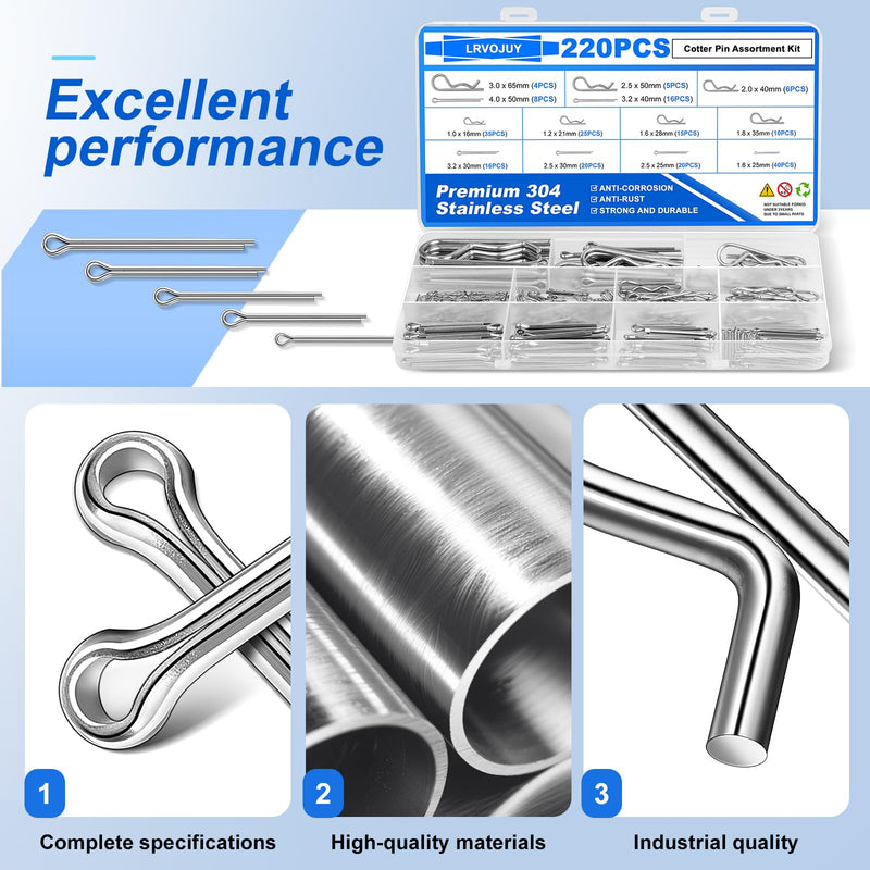 220PCS Cotter Pin Assortment Kit, 13 Sizes Premium 304 Stainless Steel Cotter Pins, Heavy Duty R Clips & Hairpin Cotter Pin Set, Hardware Pins for Automotive, Trailer, Hitch Pin Lock System