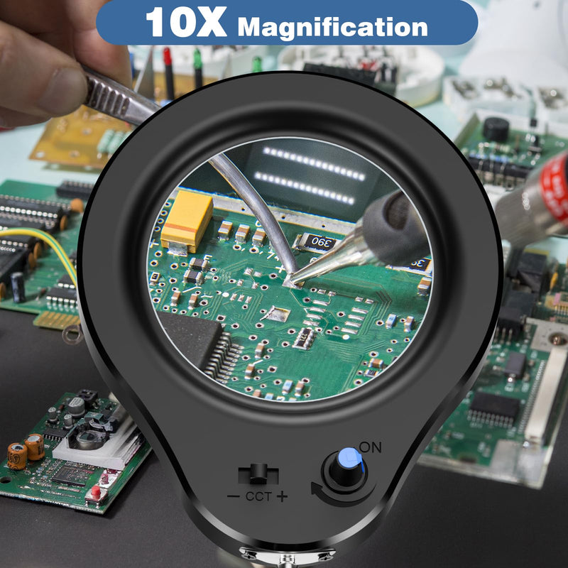 10X Magnifying Glass with Light and Stand, 5 Color Modes & Stepless Dimmable LED Magnifying Lamp, Hands Free Desktop Lamp for Reading, Crafts, Hobby and Close Work