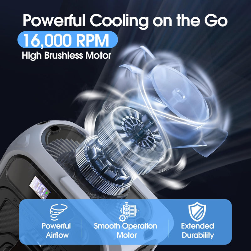 Portable Waist Fan Clip On, Max 40Hours Runtime, 16000RPM 5 Speeds Powerful Under Shirt Fan with Light, 10000mAh Personal Cooling Rechargeable Wearable Belt Fans for Travel Camping Fishing Grey