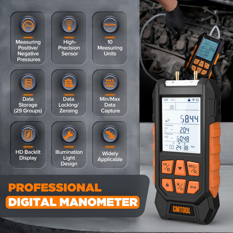 Manometer Gas Pressure Tester, Digital Manometer, -100-200Kpa, 10 Units Differential Pressure Gauge, Max/Min/Data Storage, 2-Port Tester for HVAC/Automotive Brake/Industrial/Lab Calibration (Regular) Regular