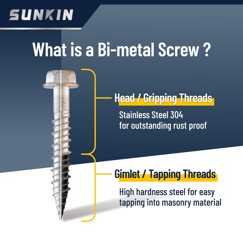 SUNKIN 40PCS Concrete Screws, Bi-Metal Stainless Steel 304, #14 x 2-1/2" Hex Head, Hardened Tip, for Masonry & Concrete, Outstanding Rustproof #14 x 2-1/2 inch