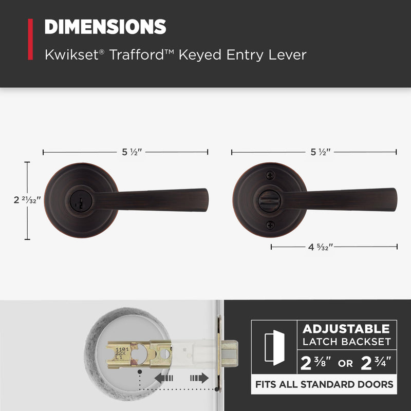Kwikset Trafford Entry Door Handle with Lock and Key, Secure Keyed Reversible Lever Exterior, for Front Entrance and Bedrooms, Venetian Bronze, Pick Resistant Smartkey Rekey Security and Microban Keyed Entry
