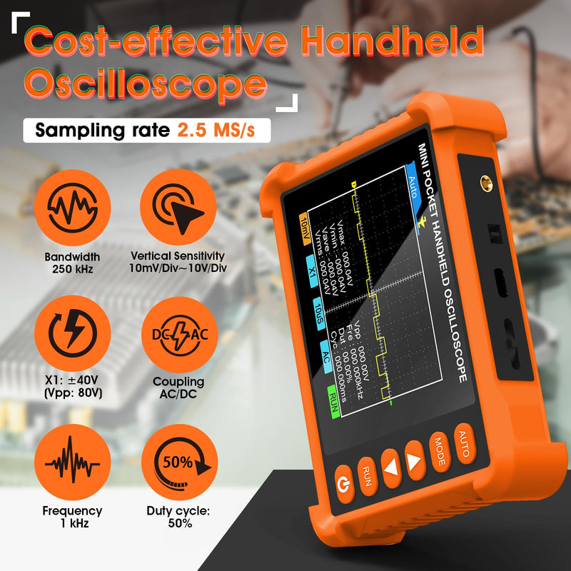 BTMETER Mini Handheld Digital Oscilloscope - 250 kHz Bandwidth, 2.5 MSa/s Sampling, 2.8" LCD, AUTO/Normal/Single Trigger, ±40 V Input (X1), Portable Pocket Scope for Electronics Repair & Education Orange