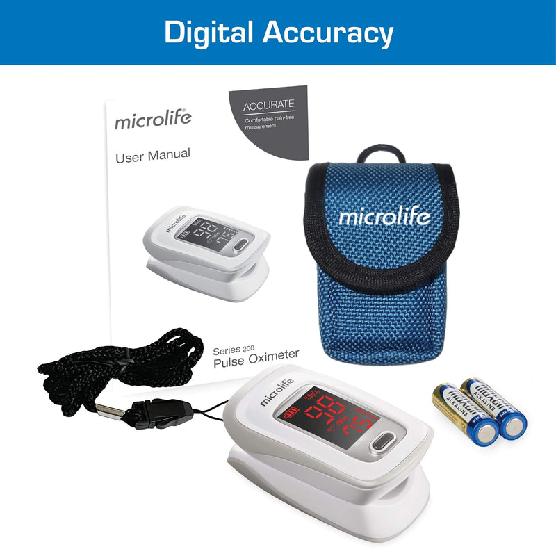 Microlife Series 200 Fingertip Pulse Oximeter, Blood Oxygen Saturation (SpO2) and Heart Rate Monitor, Includes Batteries, Lanyard and Case