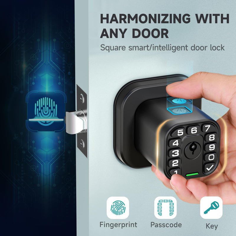 Fingerprint Door knob, Smart Biometric Door Lock with Keypad, Keyless Entry Code Door Knob, Waterproof & Weatherproof , Auto Lock ,Voice Navigation, For Bedroom, Gate,Office -Matte Black Matte Black