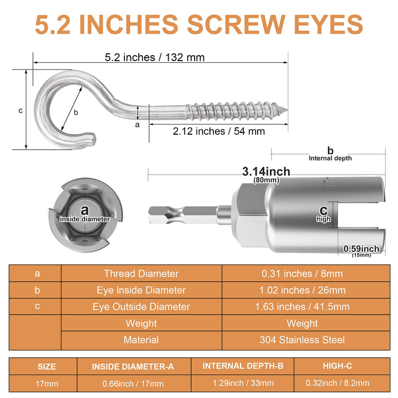 304 Stainless Steel Screw-in Hooks, Metal Hooks, Heavy-Duty Screw Eye Hooks, Wood Terminal Ring Eye Hooks, Hammock Brackets. (4 pcs +1 pcs 1/4" hex Shank Wing nut Driver) M8 4 pcs +1 pcs 1/4" hex shank wing nut driver