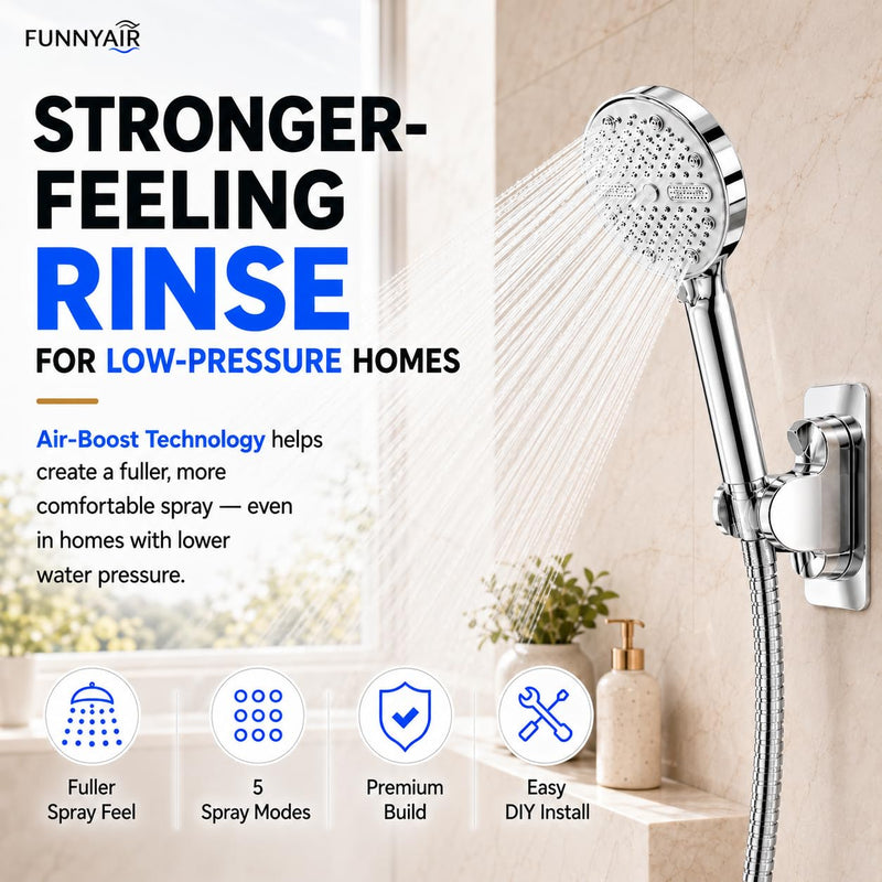 Handheld Shower Head, FunnyAir High Pressure Showerhead with 5 Spray Modes, 59 Inch Stainless Steel Hose, Dual 360° Adjustable & Adhesive Brackets, Ideal for Low Water Pressure Home, Apartment Chrome