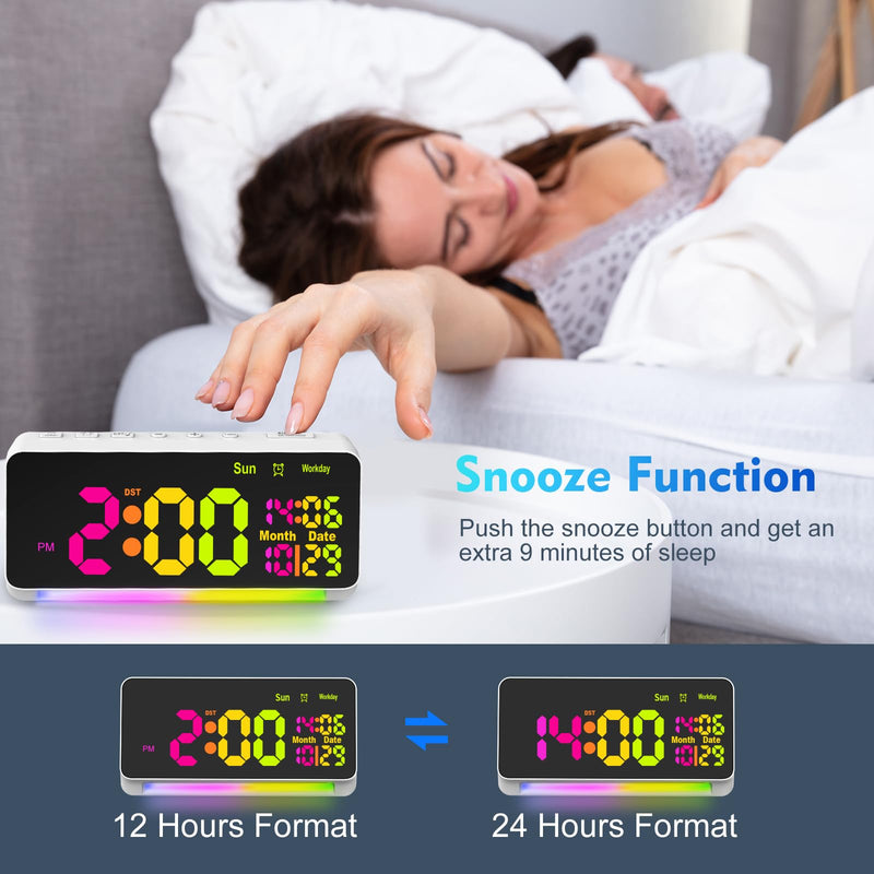 120db Super Loud Alarm Clock for Heavy Sleepers, Bluetooth Connection, 15 Wake Up Sounds, 7 Color Night Light, Dynamic RGB Color Changing, 0-100% Dimmer, Snooze, Digital Clock for Bedroom