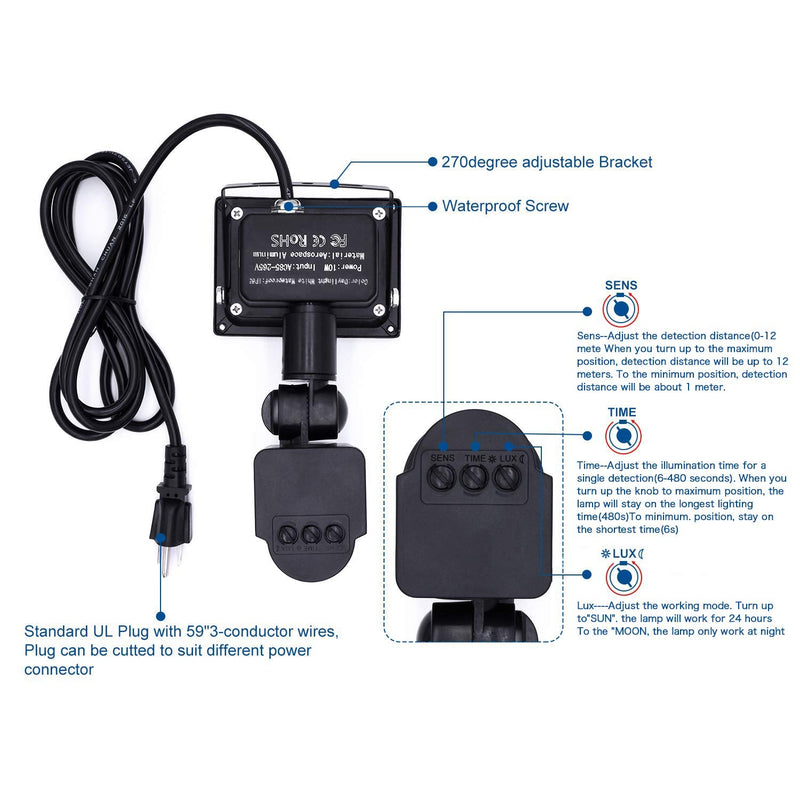 Z Motion Sensor Flood Lights Outdoor,10W Induction LED Lamp, IP65 Waterproof Spotlight,6500K LED Sensor Light,Security Light with US 3-Plug (Daylight White-Black) Daylight White-Black